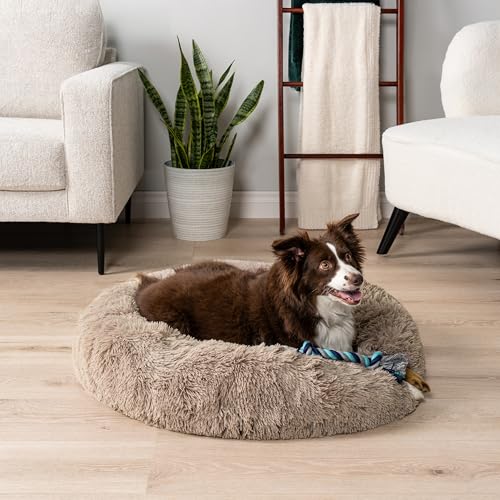 PetAmi Calming Donut Dog Bed, Washable Faux Fur, 30 Inch Medium, Taupe | Warm Shaggy Faux Fur and A Deep Nest Help Anxious Pets Curl Up and Sleep Soundly. Perfect for Puppies, Cats, and Rescues. - color: Taupe, size: Medium - 30"