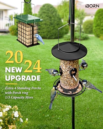 iBorn Metal Bird Feeder for Outside Hanging,Wild Bird Feeders for Cardinal,17.8cm Large Roof&Tray Black 10 Port(Seed is not Included) - color: Black,2.8LB,10Port