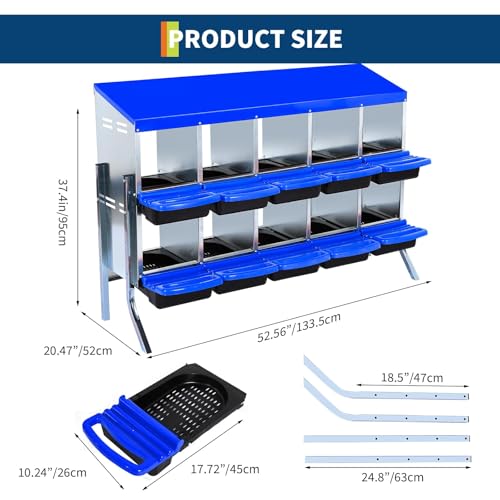 Chicken Nesting Box, 10-Hole Roll Away Egg Laying Box with Lid, Galvanized Steel Rustproof Design - Easy Egg Collection, Easy Clean (with Bracket Legs, Blue) - color: blue, size: 10 HOLES WITH LEGS
