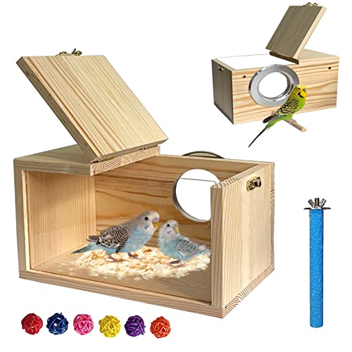 Transparent Parakeet Nesting Box,Wooden Parrot Nest Breeding Box with Perch Natural Bird House for Cage Suitable for Lovebirds Cockatiels Canaries - size: Small