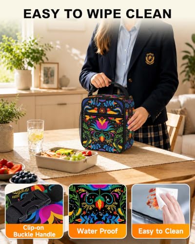 Girls Lunch Box Insulated Lunch Bag for Girls Teen Women, Floral Birds | Reusable Lunchbox, Cooler Tote Bag, Water Bottle Holder, Front Pockets, Portable Buckle Handle, Mexican Talavera Floral Birds - color: Mexican Talavera Floral Birds