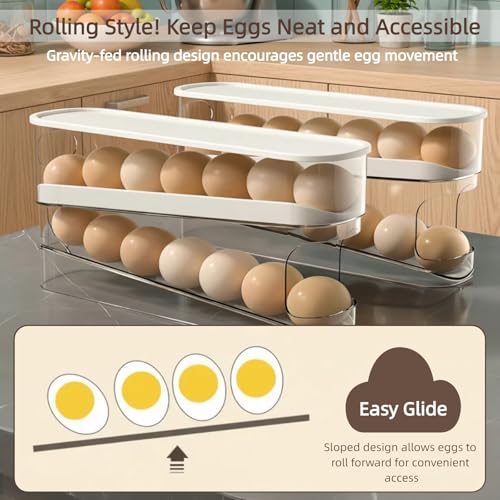 Auto Rolling Egg Dispenser for Refrigerator, Space-Saving Fridge Egg Organizers and Storage with Lid, Egg Tray for Countertop, Kitchen & Outdoor Use
