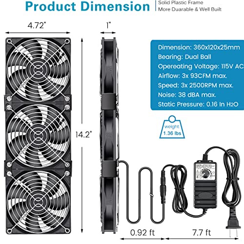 GDSTIME 3 x 120mm Computer Fan with AC Plug Variable Speed 110-120V Powered | 360mm, Adjustable 12V PC Fan with Controller, for RV Fridge, Server Cabinet, Grow Rack, DIY Cooling Ventilation Exhaust - size: 3x 120mm fan