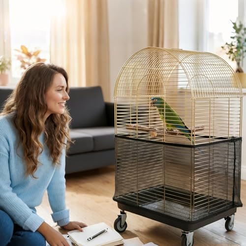Large Bird Cage Cover, Breathable Nylon Mesh Seed Catcher with Adjustable Elastic Skirt, Black Birdcage Cover for Parrot Parakeet Cockatiel Cages (13.8x78.8-90.6 Inch)
