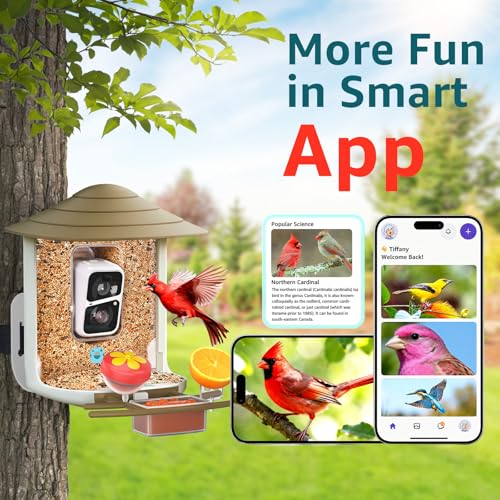 birdsnap® TUC Bird Feeder with Camera Solar Powered 2K Video with 32GB Card | AI Bird Species Identification, Squirrel-Proof, IP65 Waterproof, Outdoor Wireless, 2.4G WiFi, Gift for Mom Dad Bird Lovers - color: Light Brown