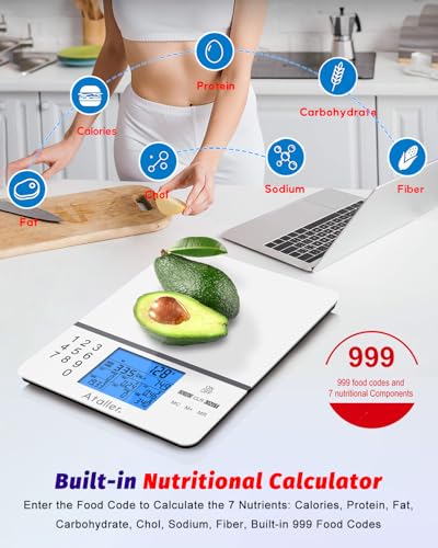 Food Scale with Nutritional Calculator, 1g Resolution Max 5kg 11Ibs | Kitchen Diet Scale, Digital Food Calorie Counting Scale for Meal Prep, Kitchen, Baking, Weight Loss, Tempered Glass, White - color: White