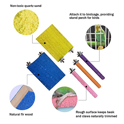 5pcs Bird Perch Stand Platform Natural Wood Parakeet Toys Cage Accessories | Colorful Rough Quartz Sand Surface, Thickened Exercise Paw Grinding Stick for, Budgies, Cockatiel, Lovebirds, Finch, Canary