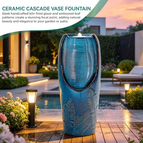 Autodaya 33" H Ceramic Jar Outdoor Water Fountain, Banana Leaf-Texture | Artisan High-Fired Glaze, Warm Ambient LED Lighting, Upgraded Pump, Soothing Cascading Water Feature For Garden Patio Yard - color: 32"h-leaf Pattern Teal Blue Glaze