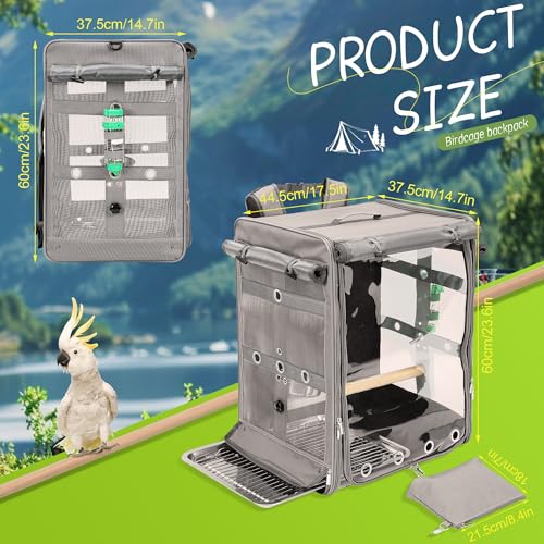 Bird Carrier Travel Cage, Cockatoo Carrier, Parrot Travel Backpack with Unbreakable Stainless Steel Mesh, Perch, Water Bottle and Food Bowl, X-Large Grey - color: Grey, size: 17.5"L x 14.8"W x 23.6"H