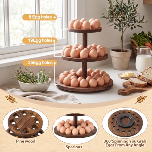 Wooden Egg Holder for Countertop 360° Rotating 3-tier Tree Shape Eggs Storage for 52 Fresh Eggs Large Capacity Chicken Egg Rack for Farmhouse Kitchen Counter Rustic Home Decorations