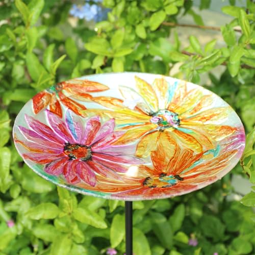 Glass Bird Baths for Outdoors, Bird Feeders Bowl for Garden Decor | 25 Inch Height Glass Bird Bath for Outside, Daisy Birdbaths Bowl with Metal Stake, Bird Feeders for Garden, Patio, Lawn Decor - color: daisy