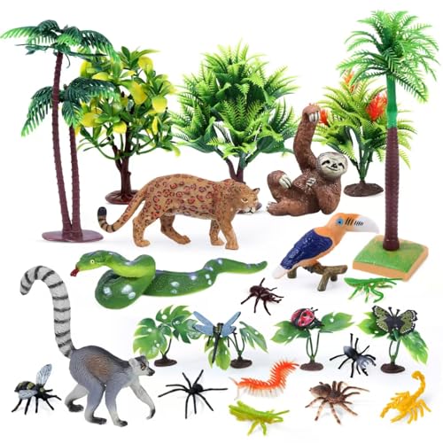 26Pcs Rainforest Animals Figures, Realistic Jungle Toys Set for Kid | Rainforest Diorama Supplies for school project, birthday gifts, cake toppers, sensory play, party favors, Non-Toxic - style: Rainforest