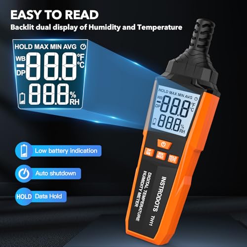 Temperature Humidity Meter, High Precision Digital Hygrometer with Ambient, Dew Point, Wet Bulb Temperature for Indoor Outdoor, Thermometer with Min/Max, Data Hold, LCD Backlight, TH11 - color: Orange, size: TH11
