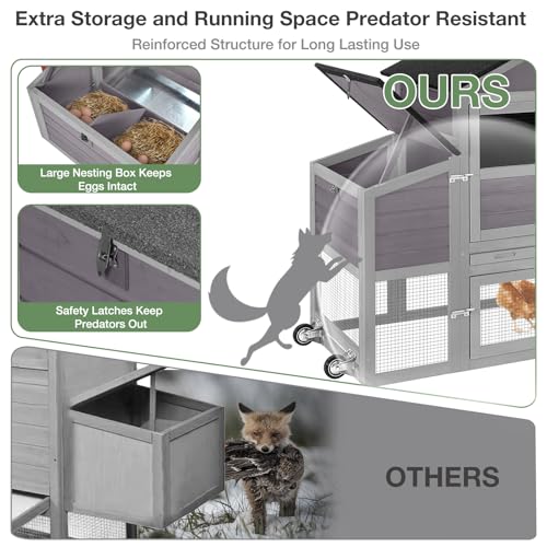 Large Chicken Coop with Wheels, Wooden Hen House with Run & Nesting Box, for 3-5 Chickens, Waterproof Asphalt Roof, Ramp & Leakproof Tray, Expandable - Grey - color: Grey (AIR72)