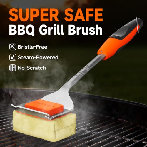 Grill Brush Bristle-Free with Scraper, Kevlar Steam BBQ Cleaner, Orange | Non-Metal Bristle, Replaceable Head, 17" Handle, 4-in-1 Scraper, for Porcelain, Ceramic, Stainless Steel, Cast Iron Grate - color: Grill Brush & Scraper