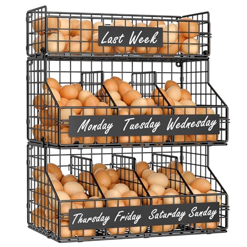 Egg Holder Countertop with 5 Dividers & DIY Nameplate to Separate Eggs | 3 Tier Stackable Wire Storage Baskets for Gathering Fresh Eggs, XXL Large Egg Rack, Wall-Mounted (Patent Pending) - color: Black, size: 3-Tier X-Large