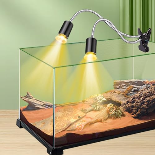 Hermit Crab Heat Lamp, Double-Head Reptile Heat Lamp with Clamp, Reptile Light with Rotatable Hose and Timer, Suitable for Reptiles Lizard Turtle Tortoise Snake Bearded Dragon, 4 Bulbs 25W+50W - size: Double-Head
