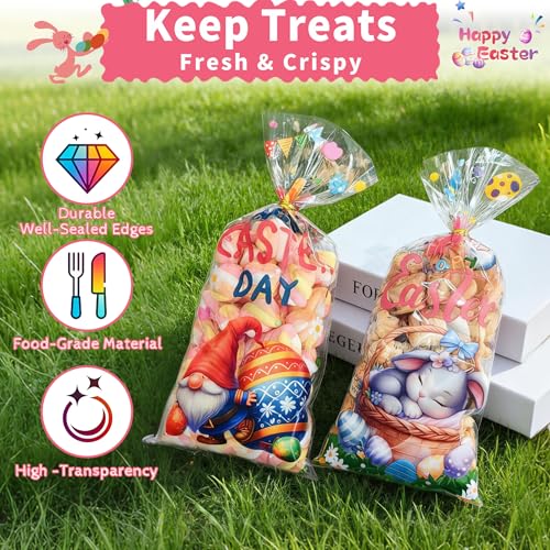 100 Pack Easter Treat Bags, Clear Easter Cellophane Bags with 110 Ties for Candy Goodie Cookies Gift Wrapping, 2.8 Mil Thick Plastic Goodie Bags for Easter Egg Hunt, Party Favors, Classroom Gifts - color: Easter-100pcs