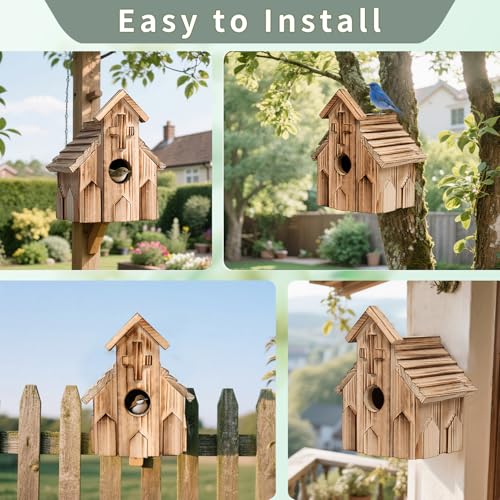 Church Birdhouse for Outside, Wooden Hanging Bird Houses, Weather-Resistant Garden Decor for Bluebird,Sparrow,Finch,Cardinal, Outdoor Bird Nest Box with Predator-Proof Entrance Hole