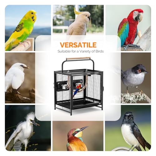VINGLI Small Bird Cage, 19 inch Travel Carrier Bird Cage with Handle, Wrought Iron Parakeet Cage with Wooden Perch for Parrot Lovebirds Finches Small/Medium Birds (Hammertone Black) - color: Hammertone Black