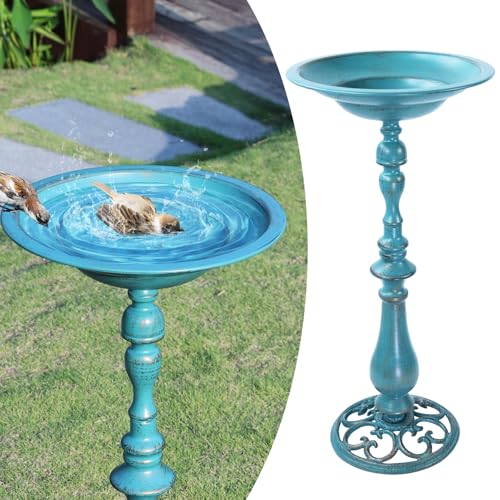 26.6"H Cast Iron Pedestal Bird Bath,Metal Birdbath for Outdoors (Blue) | Bird Bath for Outside,Tall Bird Baths,Bird Feeder Seed Tray for Garden Yard Decor - color: Blue