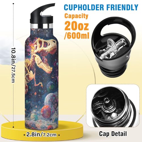Dinosaur Water Bottles for Boys Oil Painting Leakproof Insulated Flask Jug Insulated Stainless Steel Travel Mugs Thermos Bottle Cups with Straw Lid for Sport 600ml - color: oil painting t-rex running