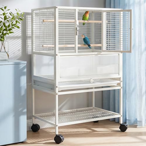 Garvee Small Bird Cage, 32" H Bird Carrier with Storage Shelves, White Travel Bird Cage for Parrot, Acrylic Parrot Carrier for Medium Small Bird