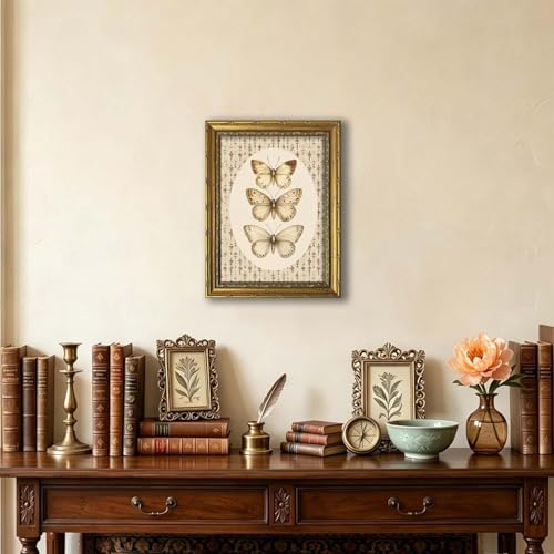 DR.RiftArt Vintage Butterfly Wall Art Antique Neutral Insect Decor Painting | Canvas Floral Background Artwork Print Picture Rustic Farmhouse Style for Living Room Bedroom Office 12x16 inch Gold Framed - color: There Butterfly, size: 16"L x 12"W