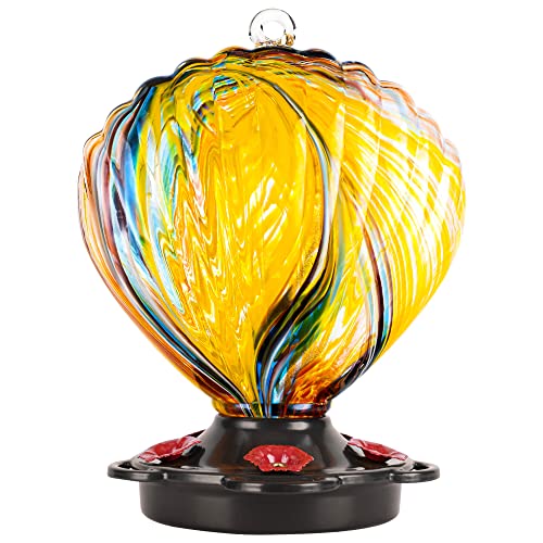 LUJII Seashell Shaped Hummingbird Feeder for Outside Hanging, Hand Blown Glass with Perches, Never Leak & Rustproof, Unique Gift for Women, Glass Art for Backyard Decor, 25 fl.oz, Ribbon - color: Ribbon