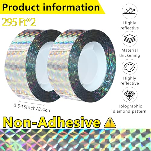 Bird Scare Reflective Tape, 295 Feet (2 Rolls), Double-Sided Reflective, for Repelling Sparrows and Woodpeckers, Suitable for Outdoor Use in Homes, Gardens, Farms, Orchards,Outdoor - size: 295 Ft*2