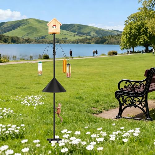 INGIORDAR Bird Feeder Pole with Squirrel Baffle Shepherd Hooks 101.97 in | Bird Feeder Pole with Squirrel Proof Baffle Bird Feeding Station with 4 Shepherd Hooks Garden Yard Bird House Not Included