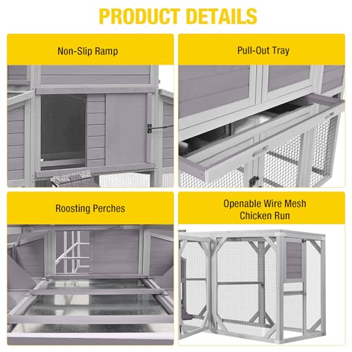 Aivituvin Extra Large Chicken Coop for 8-12 Chickens, Reinforced Outdoor Wooden Hen House with Run, 6 Nesting Boxes, Easy Clean Pull-Out Tray, Waterproof Asphalt Roof - Grey, 134.5"L x 33.5"W x 62.4"H - size: 134.5"L x 33.5"W x 62.4"H