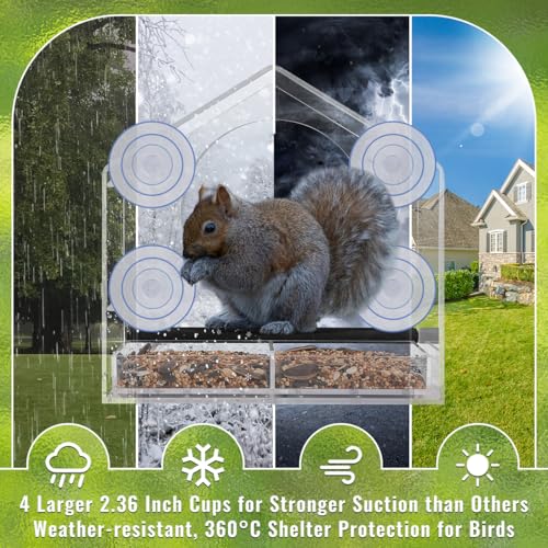Clear Window Bird Feeder with Strong Suction Cups | Clear window design for outdoor viewing, removable tray for easy cleaning and refilling, bird watching gift for parents - color: Clear, size: 3.94IN