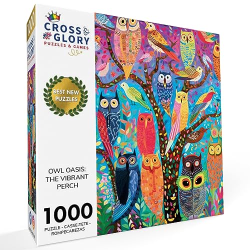 Cross & Glory | 1000 Piece Jigsaw Puzzles for Adults | Owl Oasis | The Vibrant Perch | Whimsical Owl & Garden Collage | 2mm Thick Pieces | Bonus Reference Poster | Satin Finish | Ages 14+ - color: Owl Oasis the Vibrant Perch