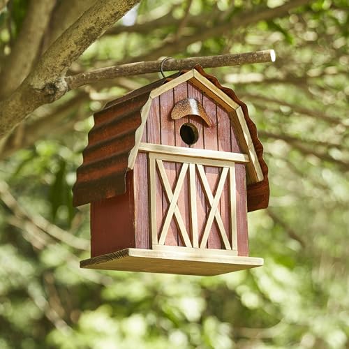Glitzhome 10.25" H Hanging Birdhouse Washed Red Distressed Solid Wood Barn Decorative Outdoor Garden Bird House - color: Washed Red