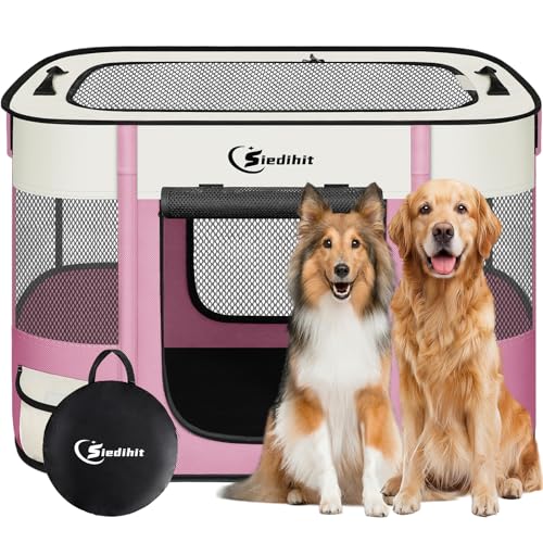 Siedihit 35" Dog Playpen,Cat Puppy Pen, Pet Portable Crate Indoor Outdoor | Durable Travel Camping Use,Foldable Dog Kennel Tent Cage for Rabbit Small Animals with Carrying Case(Pink, Large) - color: Pink, size: Large