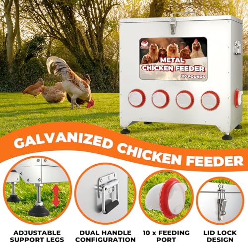 Large Chicken Feeder No Waste, 110lbs Capacity 10 Port,Metal Chicken Feeder | Rainproof Locking Lid, Adjustable Legs, Galvanized Steel, Fits Chickens Ducks Turkeys, Easy to Clean