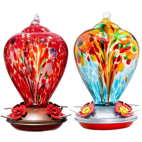 2 Packs Hummingbird Feeder for Outdoors Hanging Ant and Bee Proof, 34OZ Hand Blown Glass Hummingbird Feeders for Outside, Christmas Decoration Gifts for Mom (Blue & Red) | LaElvish Garden 2 Packs Hummingbird Feeder for Outdoors Hanging Ant and Bee Proof,