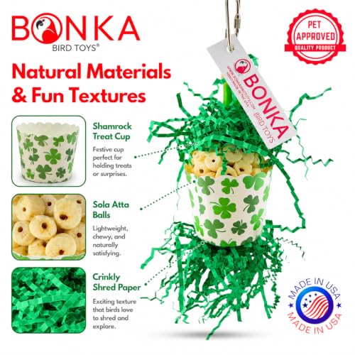Bonka Bird Toys 2778 Shamrock Sola Cup 7" x 3" Cardboard and Natural Sola Atta Ball Bird Foraging and Chew Toy with Crinkle Paper and Quick Link for Parakeet Cockatiel Conure Quaker - size: Pack of 1