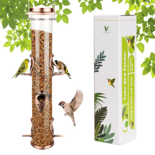 1PK Metal Wild Bird Feeder,Squirrel Proof Bird Feeders for Outside,Hanging 6 Port Tube Bird Feeder,Finch Bird Feeder for Attracting Birds in Your Lawn, Garden, Balcony-Antique Copper - color: Antique Copper