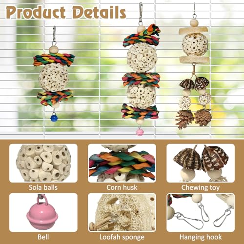 BNOSDM Hanging Bird Toy Sola Balls 3PCS Parrot Shredder Balls Natural Parakeet Foraging Toy Wood Bird Cage Chew Toys for Cockatiel, Budgie, Sun Conure, Quakers, Lovebirds (B) - color: Colourful