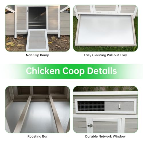 58" Wooden Chicken Coop wih 6 Nesting Boxes for 4-6 Chickens Light Grey | 2 Sides Large Nesting Boxes, For 4-6 Chickens, Poultry Hutch Rabbit Cage, No-Slip Ramp & Pull-Out Tray, For Outdoor Farm Yard - color: White Grey