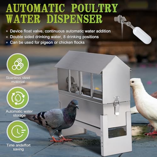 Automatic Chicken Waterer Metal Chicken Water Feeder Stainless Large Chicken Waterer System Auto Poultry Waterer Dispenser with Stand Legs for Pigeon, Duck, Goose, Geese,Quail,Turkeys