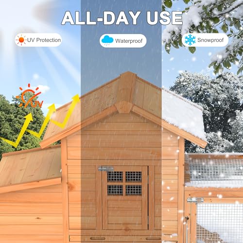 GOJOOASIS Portable Chicken Coop with Wheels & Handrail, Weatherproof Wooden Hen House, Removable Tray & Nesting Box, Ideal for Chickens, Ducks, Rabbits & Small Animals (80" Wood Top with Wheel)