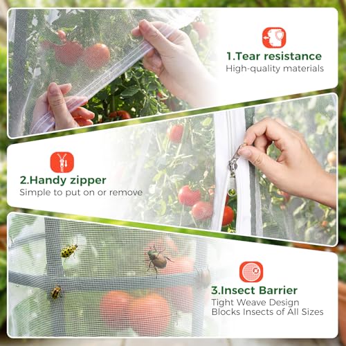 3Pcs Garden Bird Netting Plant Cover for Tomato Cage, 67" x 17.7" Insect Bird Barrier Tomato Cage Net with Zipper, Tomato Trellis Plant Netting Cover for Square Tomatoes Cages Plants Garden Protection - size: 67 in