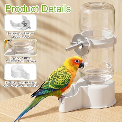 2 Pack Bird Water Dispenser for Cage, Automatic Bird Water Feeder | 4.73 Fl Oz Parakeet Water Dispenser Plastic No Mess Suspended Birds Waterer for Parakeet, Cockatiel, Budgie, Lovebirds