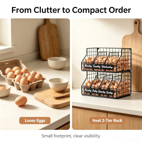 Egg Holder Countertop, 2 Tier Chicken Egg Basket for Gathering Fresh Eggs | Egg Storage Organizer with Adjustable 5 Dividers & Label, Stackable Wall Mounted Egg Collecting Basket Rack, Black - color: 2T Small Black