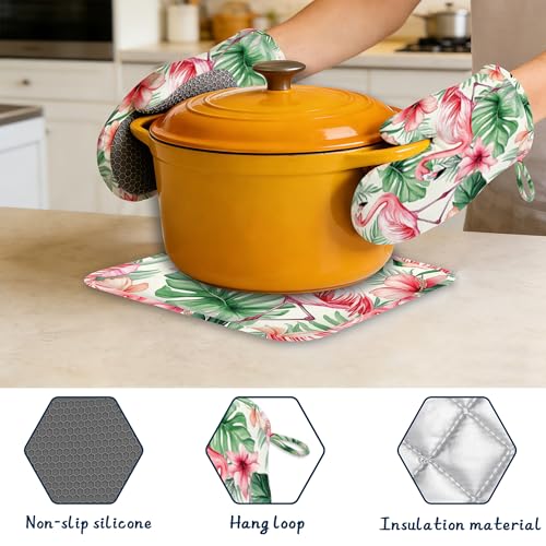 Heat Resistant Pot Holders and Oven Mitts,Pink Flamingo Extra Long Kitchen Oven Mitt Set,Tropical Flowers Leaf Cotton Lining Anti-Slip Waterproof Kitchen Mittens Hot Pan Holder for Baking Cooking - color: Pink Flamingo
