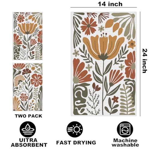 2 Pcs Boho Floral Kitchen Towels, Boho Vintage Flower Waffle Hand Towels | Absorbent Microfiber Dish Cloth Tea Towel for Kitchen Home Decor, Home Gifts for Women Mom Grandma 24x14 Inch - color: Multi 1371