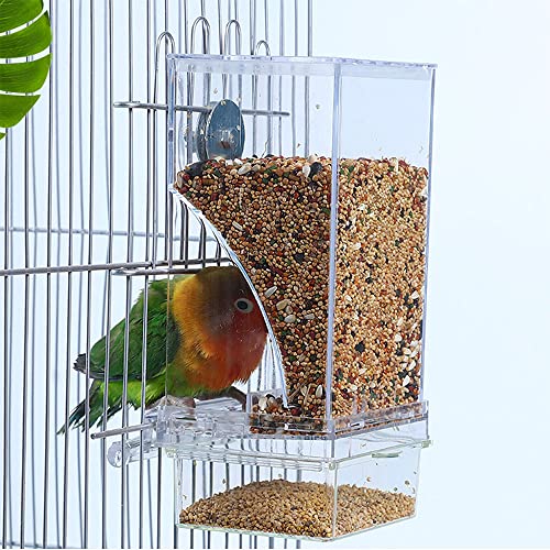 Hamiledyi No Mess Bird Cage Feeder 2Pack Automatic Parrot Seed Feeders with Perch Acrylic Transparent Seed Food Container Cage Accessories for Small and Medium Lovebirds Parakeets - color: Transparent + Perch - 2 Pcs